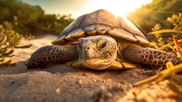 Una tortuga tendida en la arena Arte generativo con IA