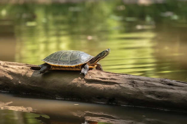 Una tortuga en un tronco en un río