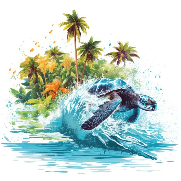 Foto tortuga tropical agua salpicadura camiseta diseño imprimible paraíso isla vintage retro agua