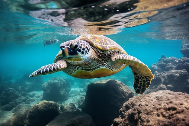 Una tortuga verde nada más allá de un arrecife rocoso.