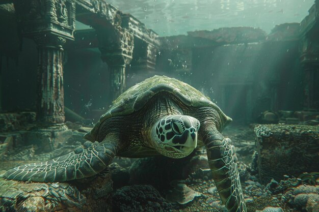 Foto una tortuga verde está nadando bajo un puente