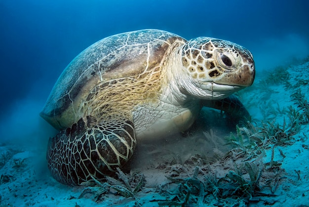 Tortuga verde en una pradera de pastos marinos