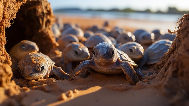 Las tortugas eclosionan de huevos en la playa y se arrastran hacia el mar