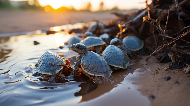 Foto las tortugas eclosionan de huevos en la playa y se arrastran hacia el mar