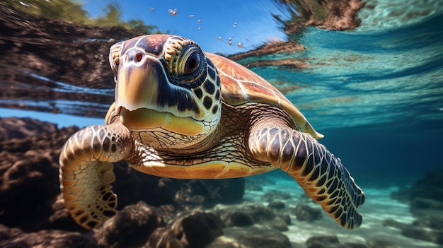 Las tortugas marinas nadan bajo el agua con la cabeza por encima del agua