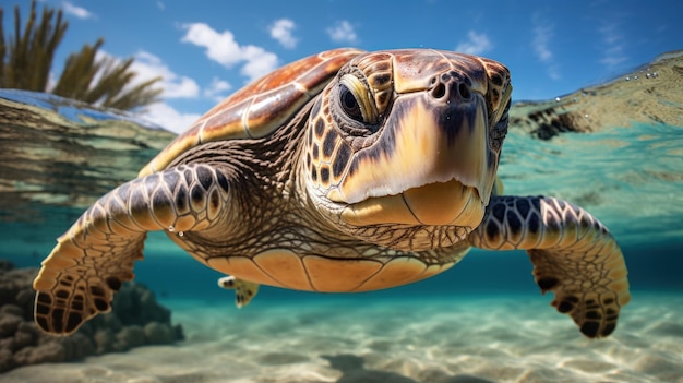 Las tortugas marinas nadan bajo el agua con la cabeza por encima del agua