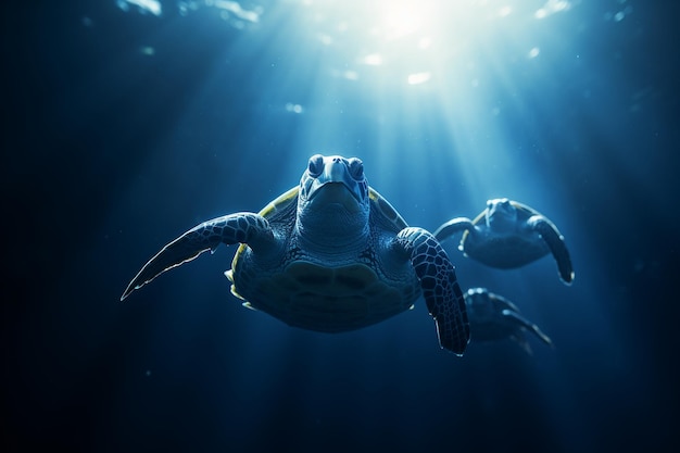Las tortugas marinas nadan en aguas azules claras