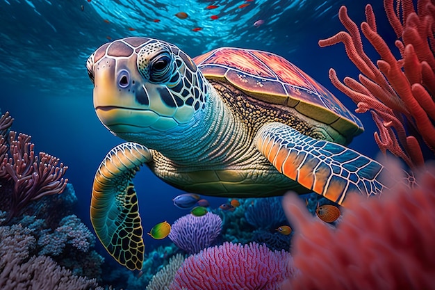 Tortugas marinas nadando bajo el mar Hermoso coral submarino y colorido en la naturaleza salvaje del Océano Pacífico Generar Ai