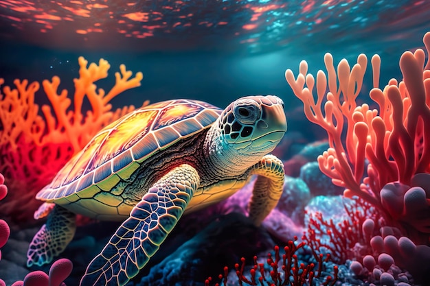 Foto tortugas marinas nadando bajo el mar hermoso coral submarino y colorido en la naturaleza salvaje del océano pacífico generar ai