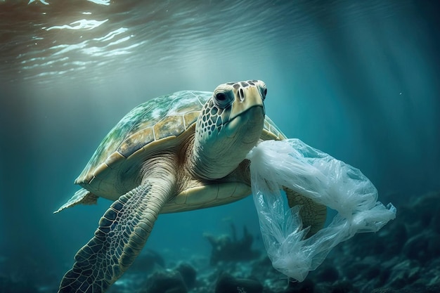 Las tortugas que comen bolsas de plástico debido a la contaminación plástica del océano es un problema ambiental