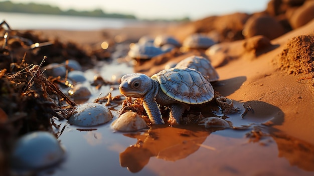 Tortugas recién nacidas arrastrándose hacia la playa