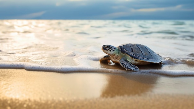 Una tortuguita recién nacida camina torpemente por la playa Ai generó