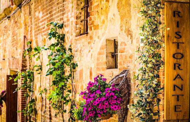 Toskana, Italien. Besichtigung des italienischen Restaurants in einem traditionellen kleinen Dorf im Val Orcia