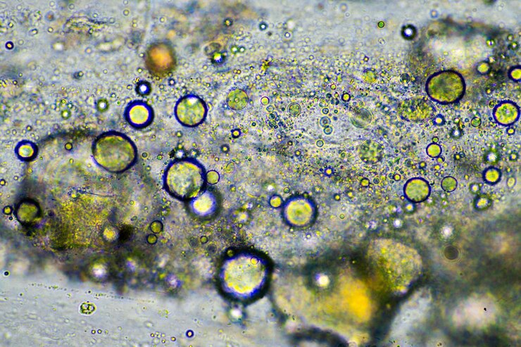 Foto tossimento de muco e catarro de uma infecção no peito de uma infecções por vírus e bactérias olhando para ele sob o microscópio com células e microorganismos bactérias e células da pele