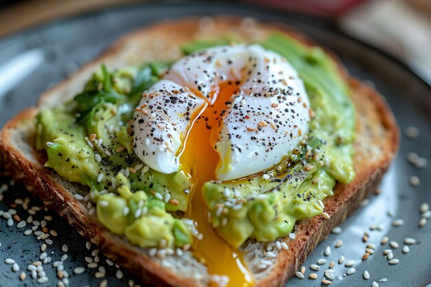 Foto tosta de aguacate cremosa con un huevo hermosamente asado