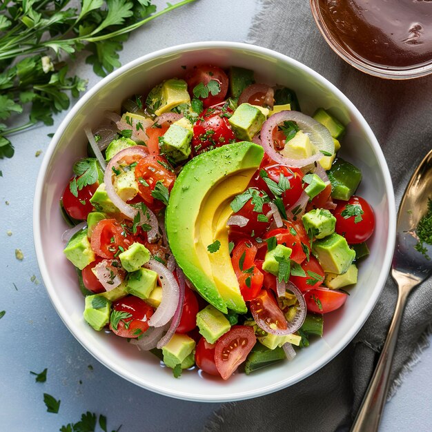 Tosta de aguacate fresco con tomates, cebollas y hierbas disparadas por encima de la cabeza