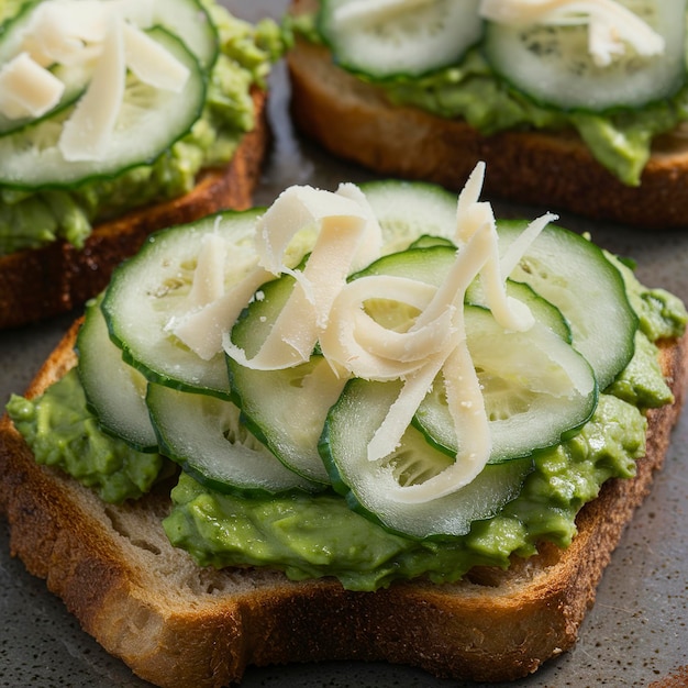 Tosta de aguacate con pepino fresco y queso parmesano