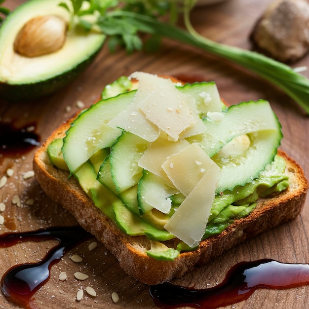 Tosta de aguacate con pepino fresco y queso parmesano