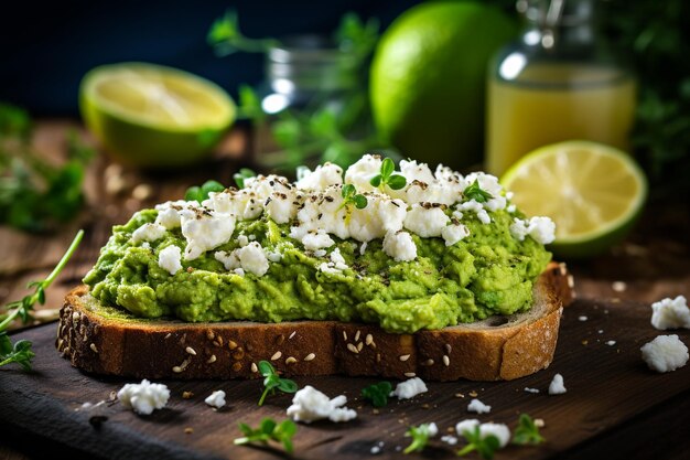 Foto tosta de aguacate con queso feta desmenuzado y pimienta negra recién agrietada