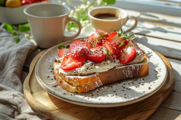 Tosta de crema de fresa con café IA generativa