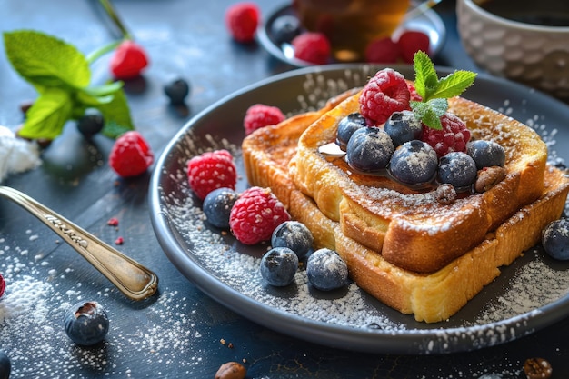 Foto tosta francesa con bayas azúcar y café comida de mañana