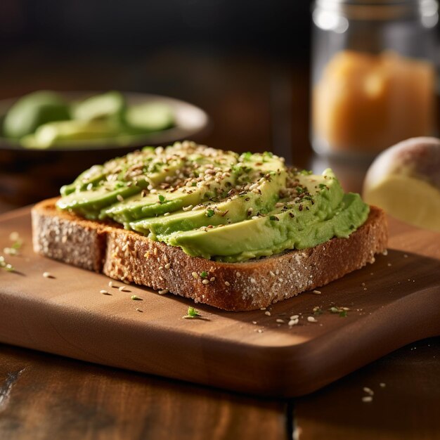 Una tostada con aguacate encima y un tarro de limones al fondo.