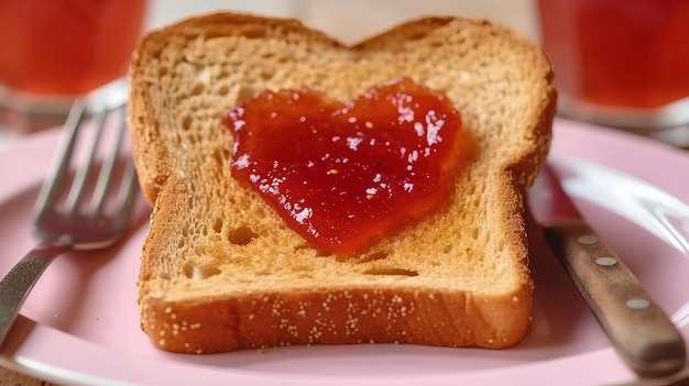 La tostada amarillo dorado en un plato blanco con mermelada de frutas rojas en forma de corazón es una forma linda de expresar tu amor preocupado de que la persona que amas tenga hambre por la mañana el desayuno está preparado para ellos