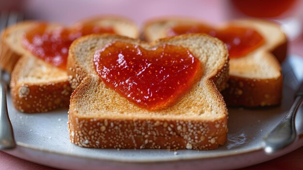 La tostada amarillo dorado en un plato blanco con mermelada de frutas rojas en forma de corazón es una forma linda de expresar tu amor preocupado de que la persona que amas tenga hambre por la mañana el desayuno está preparado para ellos