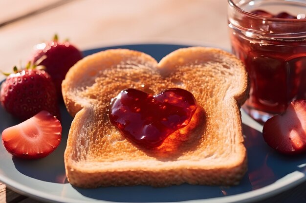 La tostada amarillo dorado en un plato blanco con mermelada de frutas rojas en forma de corazón es una forma linda de expresar tu amor preocupado de que la persona que amas tenga hambre por la mañana el desayuno está preparado para ellos