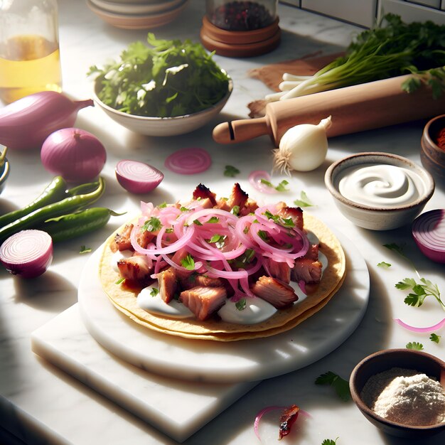 Tostada de porco com cebolas em conserva em balcão de mármore