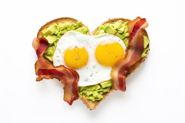 Tostada en forma de corazón con huevo frito, tocino y aguacate aislado sobre fondo blanco.