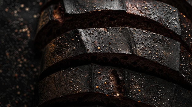 Tostada de pan oscuro con textura negra rebanada de alimentos integrales Diseño de fondo de la pancarta