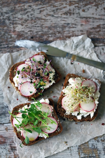 Tostada saludable con microgreens y rábanos