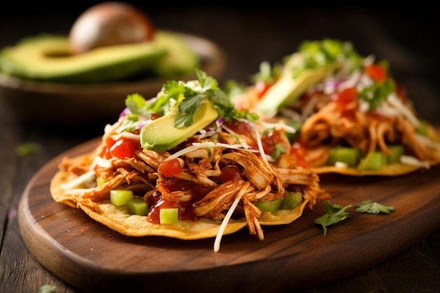 Foto tostadas de tinga com molho de chipotle de frango triturado e abacate