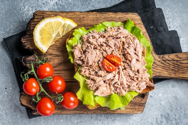 Tostadas con filete de atún enlatado y ensalada Fondo gris Vista superior