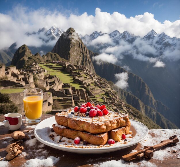 Foto tostadas francesas con bayas y jugo de naranja sobre una mesa de madera en las montañas