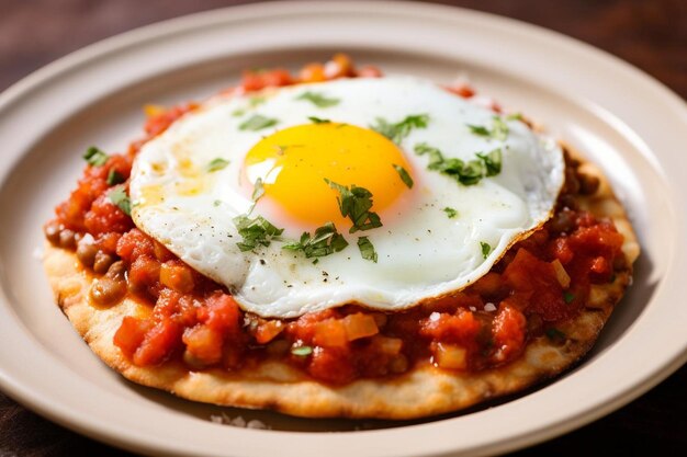 Foto tostadas mexicanas de pequeno-almoço com ovos, feijão e salsa