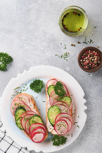 Tostadas con queso y rábano Sándwiches con requesón, rábano, pepino y cebollas verdes sobre fondo de hormigón gris Sándwiches saludables de primavera Tostadas escandinavas tradicionales Vista superior