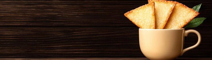 Las tostadas recién horneadas se pegan en una taza sobre una mesa de madera rodeada de luz natural cálida