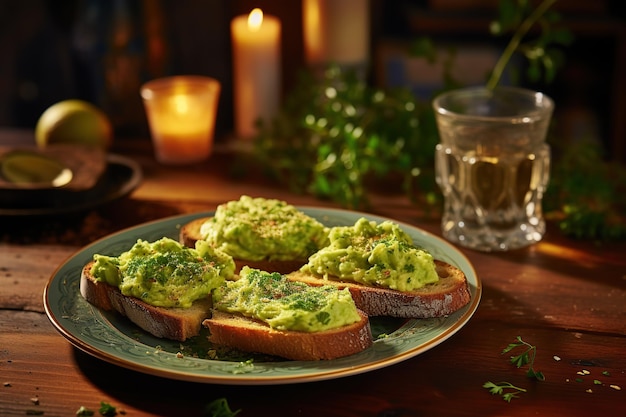 Tostas de pão com guacamole no prato na mesa