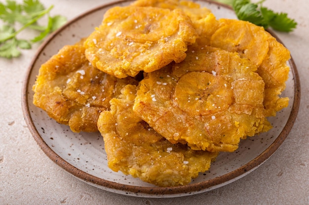 Tostones prato tradicional das Caraíbas plátanos fritos duas vezes