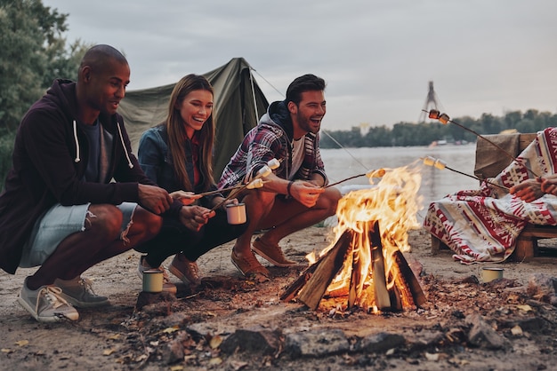 Totalmente feliz. Grupo de jóvenes en ropa casual asando malvaviscos sobre una fogata