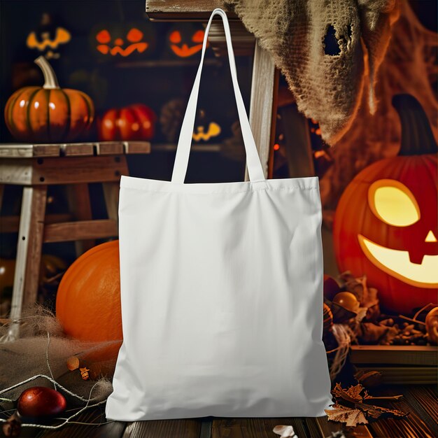 Tote Bag em cena de Halloween Mockup em branco com elemento assustador