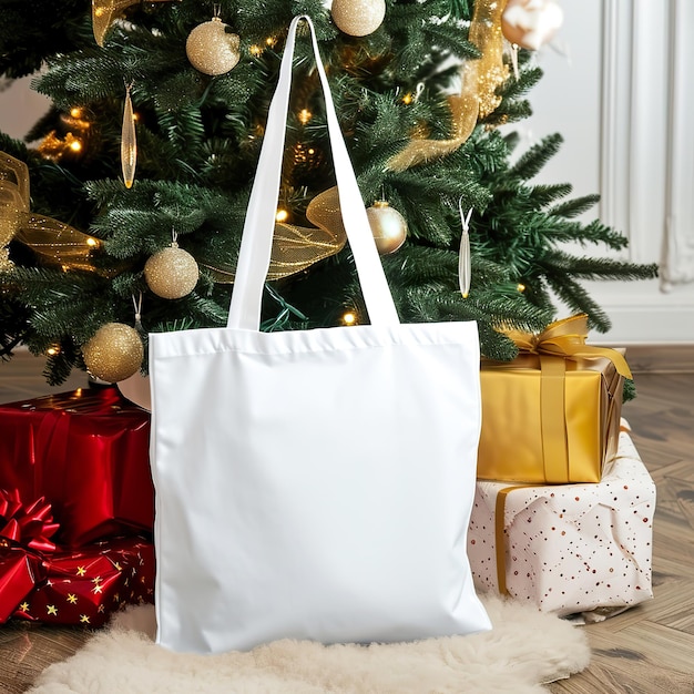 Tote Bag em cena de Natal Mockup em branco com árvore de Natal