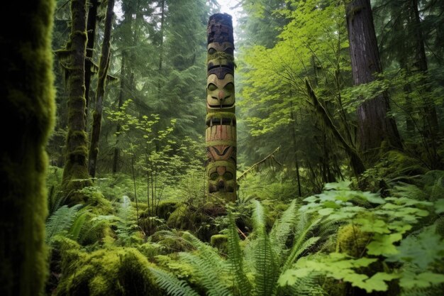 Foto tótem erguido en un denso bosque