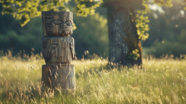 Foto tótem de madera en el campo