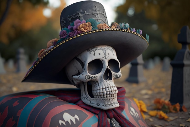 Totenkopf in traditioneller mexikanischer Tracht und Sombrero-Hut Dia de Muertos Tag der Toten Generative KI