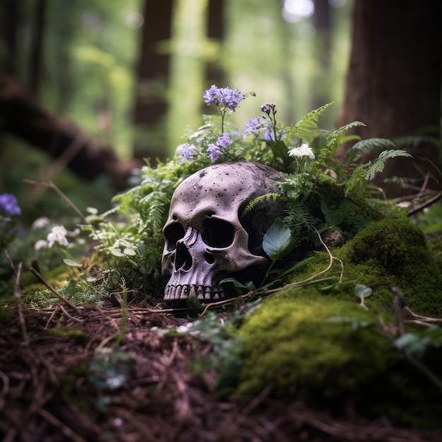 Totenkopf mit Blumen im Wald