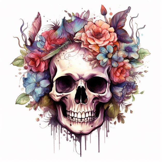 Totenkopf mit Blumen und Schmetterlingen im Haar generative KI