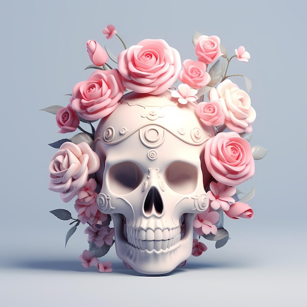 Totenkopf mit Rosen 3D sanfte Pastellfarben